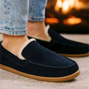 J Crew Mens 12 Slippers Navy Suede Moccasins Fleece Lined Indoor House Cozy Fall